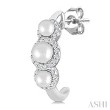3MM & 4MM Cultured Pearl and 1/4 Ctw Round Cut Diamond Halo Half Hoop Earrings in 14K White Gold