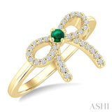 2.40 MM Round Shape Emerald and 1/8 Ctw Round Cut Diamond Bow Petite Precious Fashion Ring in 10K Yellow Gold