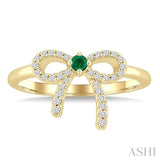 2.40 MM Round Shape Emerald and 1/8 Ctw Round Cut Diamond Bow Petite Precious Fashion Ring in 10K Yellow Gold