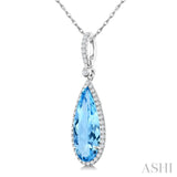 16X6 MM Evoque Gemstones Pear Shape Blue Topaz and 1/5 Ctw Round Cut Diamond Semi-Precious Pendant With Chain in 10K White Gold