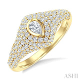 1 Ctw Pave Set Pear Shape and Round Cut Diamond Fashion Signet Ring in 14K Yellow Gold