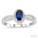 6X4 MM Oval Cut Sapphire and 1/6 Ctw Round Cut Diamond Ring in 14K White Gold