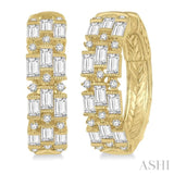1 5/8 Ctw Triple Row Baguette and Round Cut Diamond Fashion Hoop Earrings in 14K Yellow Gold