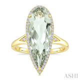 22X8 MM Evoque Gemstone Pear Shape Green Amethyst and 1/5 Ctw Round Cut Diamond Semi-Precious Ring in 14K Yellow Gold