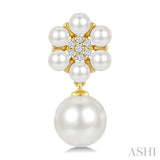 3MM & 7MM White Cultured Pearl and 1/10 Ctw Floral Round Cut Diamond Fashion Earrings in 10K Yellow Gold