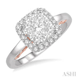 3/4 ctw Cushion Shape Lovebright Round Cut Diamond Ring in 14K White and Rose Gold