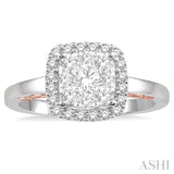 3/4 ctw Cushion Shape Lovebright Round Cut Diamond Ring in 14K White and Rose Gold