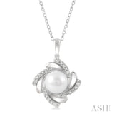 7x7 MM Round Shape Cultured Pearl and 1/50 Ctw Swirl Round Cut Diamond Pendant With Chain in Sterling Silver