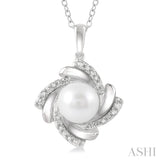 7x7 MM Round Shape Cultured Pearl and 1/50 Ctw Swirl Round Cut Diamond Pendant With Chain in Sterling Silver