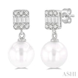 6 MM Cultured Pearls and 1/10 Ctw Baguette and Round Cut Diamond Earrings in 10K White Gold