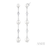 4 MM, 5 MM & 6 MM Round Shape Cultured Pearls and 1/10 Ctw Round Cut Diamond Station Long Earring in 14K White Gold