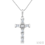 1/20 Ctw Baguette and Round Cut Diamond Cross Shape Fashion Pendant With Chain in 10K White Gold