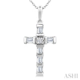 1/20 Ctw Baguette and Round Cut Diamond Cross Shape Fashion Pendant With Chain in 10K White Gold