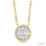 1/6 Ctw Petite Bezel Set Round Shape Fusion Baguette and Round Cut Diamond Fashion Pendant With Chain in 10K Yellow Gold