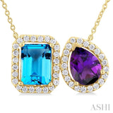 8X6 MM Emerald Cut Blue Topaz and Pear Cut Amethyst and 1/3 ctw Toi Et Moi Round Cut Diamond Semi Precious Fashion Pendant With Chain 14K Yellow Gold