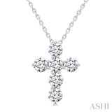 3/4 Ctw Round Cut Diamond Christian Cross 6-Stone Fashion Pendant With Chain in 14K White Gold