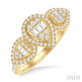 5/8 ctw Pear Shape Past, Present & Future Fusion Baguette and Round Cut Diamond Halo Engagement Ring in 14K Yellow Gold