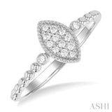 1/8 ctw Petite Bead Shank Marquise Shape Center Round Cut Diamond Fashion Ring in 10K White Gold