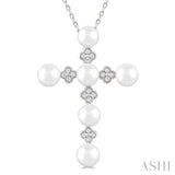 4 MM Round Shape Cultured Pearl and 1/10 Ctw Clover Round Cut Diamond Cross Pendant With Chain in 10K White Gold