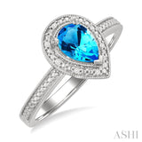 7x5 MM Pear Shape Blue Topaz and 1/50 Ctw Single Cut Diamond Semi-precious Ring in Sterling Silver