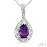 7X5 MM Pear Shape Amethyst and 1/50 Ctw Single Cut Diamond Semi-precious Pendant With Chain in Sterling Silver