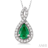 6x4MM Pear Shape Emerald and 1/10 Ctw Round Cut Diamond Pendant in 14K White Gold with Chain