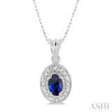 5x3mm Oval Shape Sapphire and 1/20 Ctw Single Cut Diamond Pendant in 14K White Gold with Chain