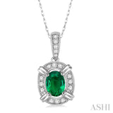 6x4 MM Oval Cut Emerald and 1/10 Ctw Single Cut Diamond Pendant in 14K White Gold with Chain