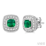 4x4 mm Cushion Cut Emerald and 1/5 Ctw Round Cut Diamond Earrings in 14K White Gold