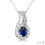 6x4 MM Oval Cut Sapphire and 1/50 Ctw Round Cut Diamond Pendant in Sterling Silver with Chain