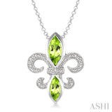 10x5 & 8x4 mm marquise cut Peridot and 1/50 Ctw Single Cut Diamond Fleur De Lis Pendant in Sterling Silver with Chain