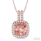 7x7 mm Cushion Cut Morganite and 1/5 Ctw Round Cut Diamond Pendant in 14K Rose Gold with Chain