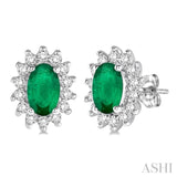 1/5 Ctw Round Cut Diamond and Oval Cut 5x3mm Emerald Center Sunflower Precious Earrings in 10K White Gold