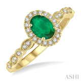 1/6 ctw Oval Shape 6x4mm Emerald & Round Cut Diamond Precious Ring in 10K Yellow Gold