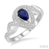 1/6 ctw Twisted Bypass 6X4MM Pear Cut Sapphire & Round Cut Diamond Precious Ring in 10K White Gold