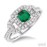 5x5mm Cushion Cut Emerald and 1/2 Ctw Round Cut Diamond Ring in 14K White Gold