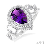 9x6mm Pear Shape Amethyst and 1/3 Ctw Round Cut Diamond Ring in 14K White Gold