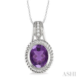 10x8 MM Oval Cut Amethyst and 1/20 Ctw Single Cut Diamond Pendant in Sterling Silver with Chain