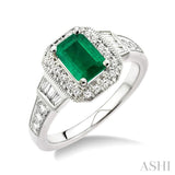 6x4 MM Octagon Cut Emerald and 1/4 Ctw Round and Baguette Cut Diamond Ring in 14K White Gold