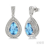 9x6MM Pear Shape Blue Topaz and 1/20 Ctw Single Cut Diamond Earrings in Sterling Silver