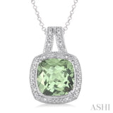 10x10 mm Cushion Cut Green Amethyst and 1/20 ctw Single Cut Diamond Pendant in Sterling Silver with Chain