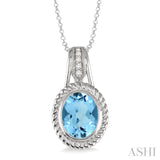 10x8 MM Oval Cut Blue Topaz and 1/20 Ctw Single Cut Diamond Pendant in Sterling Silver with Chain