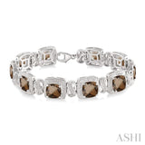 7x7 mm Cushion Cut Smoky Quartz and 1/10 Ctw Single Cut Diamond Square Shape Bracelet in Sterling Silver