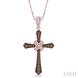 1/4 Ctw Round Cut White and Champagne Brown Diamond Cross Pendant in 10K Rose Gold with Chain