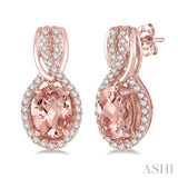 1/5 Ctw Round Cut Diamond and Oval Cut 7x5mm Morganite Entwined Semi Precious Earrings in 14K Rose Gold