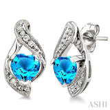 6x6MM Heart Shape Blue Topaz and 1/20 Ctw Single Cut Diamond Earrings in Sterling Silver