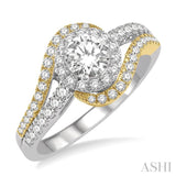 1/2 Ctw Swirl Round Semi-Mount Diamond Two Tone Engagement Ring in 14K White and Yellow Gold