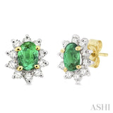 6x4MM Oval Cut Emerald and 1/2 Ctw Round Cut Diamond Earrings in 14K Yellow Gold