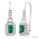 6x4mm Octagon Cut Emerald and 1/2 Ctw Baguette and Round Cut Diamond Earrings in 14K White Gold
