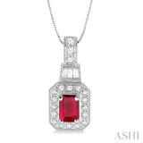 6x4 MM Octagon Cut Ruby and 1/4 Ctw Round and Baguette Cut Diamond Pendant in 14K White Gold with Chain